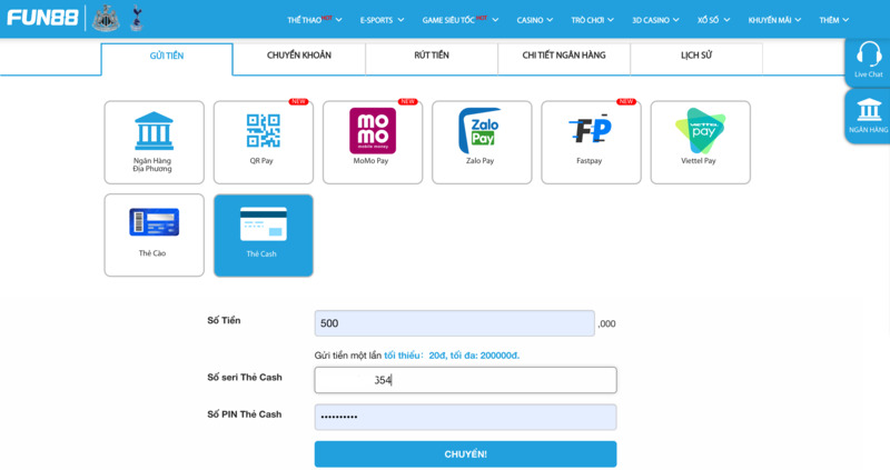 cách nạp tiền fun88 bằng thẻ cash