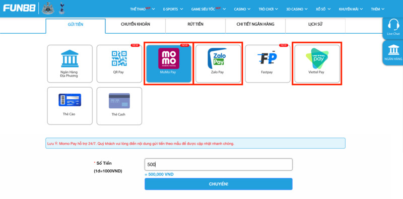 chọn hình thức nạp tiền fun88 qua ví điện tử