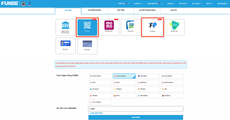 chọn phương thức nạp fun88 qua chuyển tiền trực tuyến