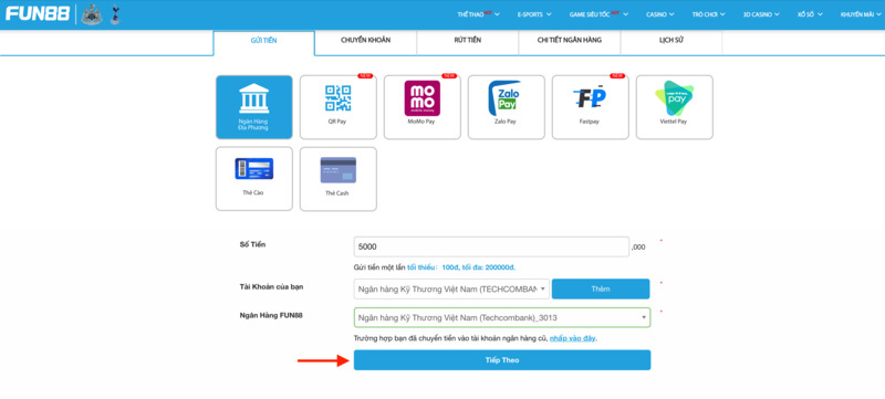 chọn phương thức ngân hàng địa phương và điền lệnh nạp fun88