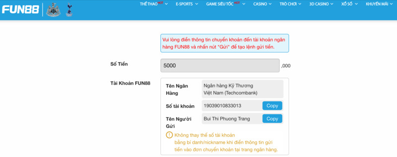 chuyển tiền và số tài khoản fun88 cung cấp