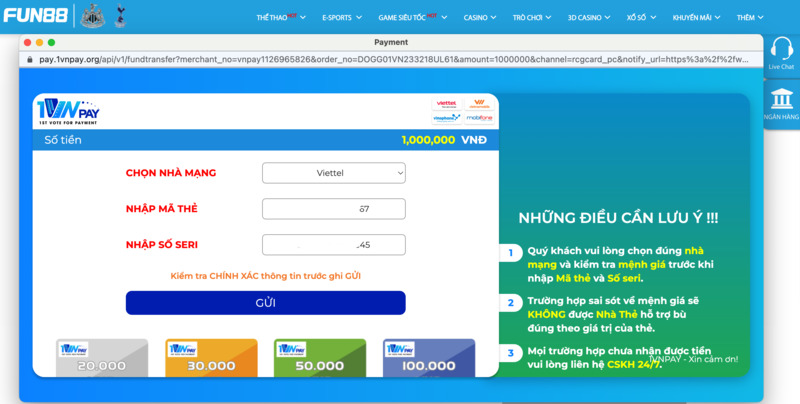 nhập thông tin thẻ cào