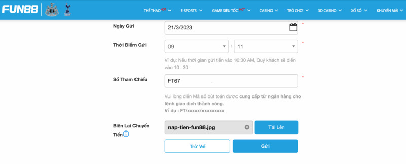 xác nhận thông tin gửi tiền fun88