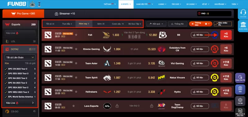 chọn sảnh chơi và trò chơi dota 2 fun88