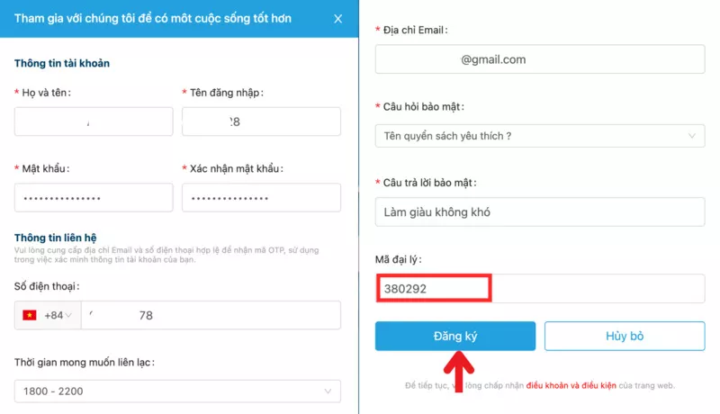 điền các thông tin đăng ký fun88 đại lý