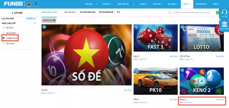 tham gia vào sản phẩm keno fun88