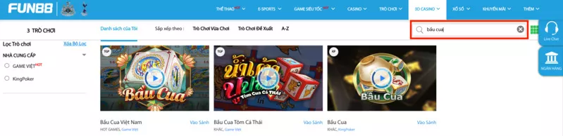 chọn sảnh chơi bầu cua fun88