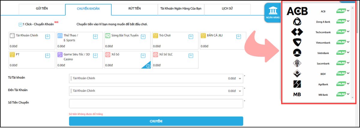 chọn ngân hàng rút tiền mà fun88 hỗ trợ