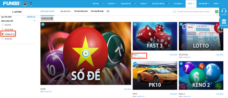 chọn sản phẩm fast 3 fun88