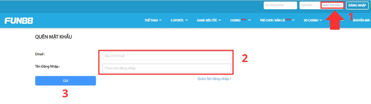 sử dụng tính năng "quên mật khẩu fun88"
