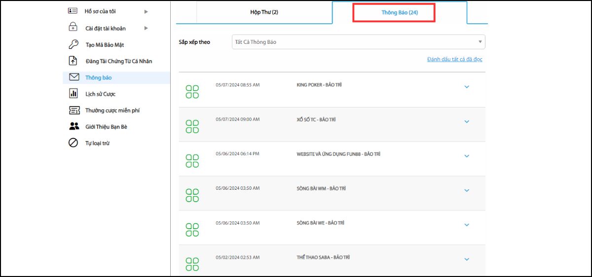 thường xuyên check thông báo để biết lịch fun88 bảo trì