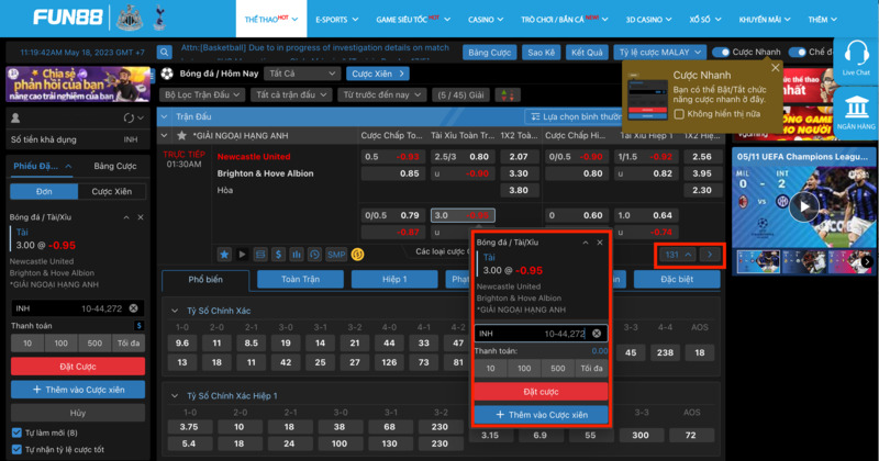 tiến hành đặt cược kèo ngoại hạng tại fun88