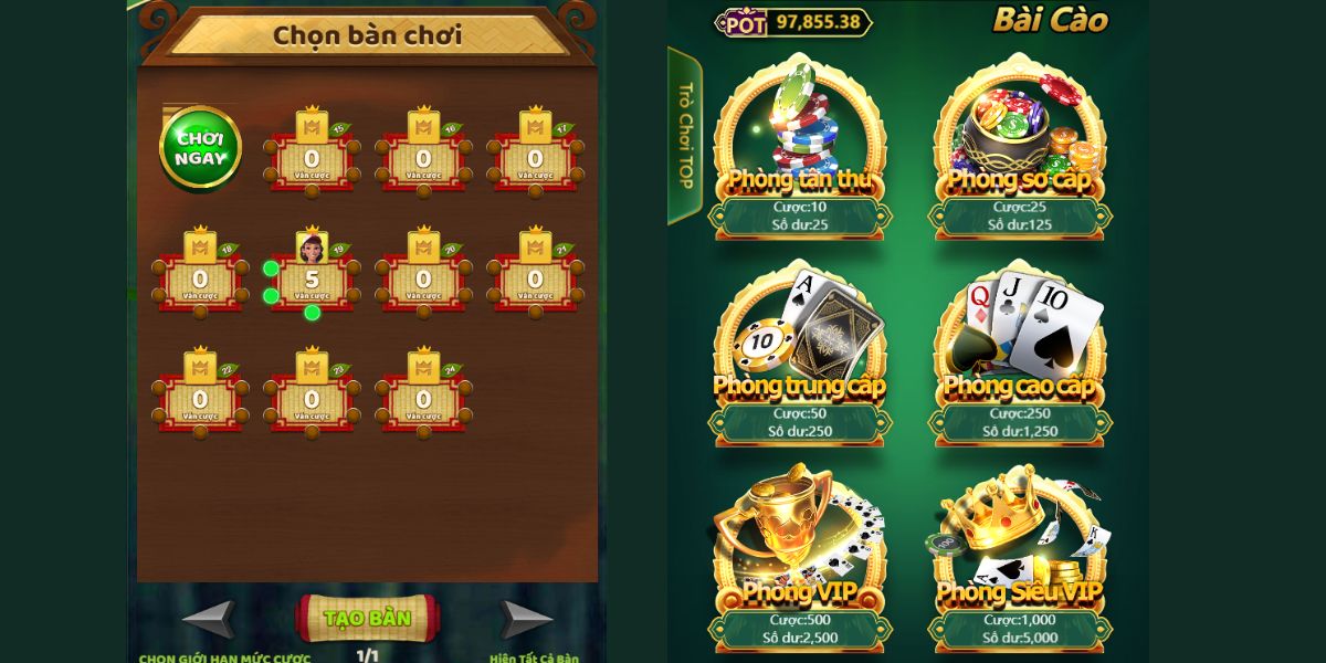 chọn bàn chơi bài cào fun88 phù hợp với số vốn