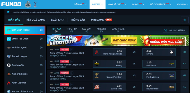 chọn game liên quân mobile fun88