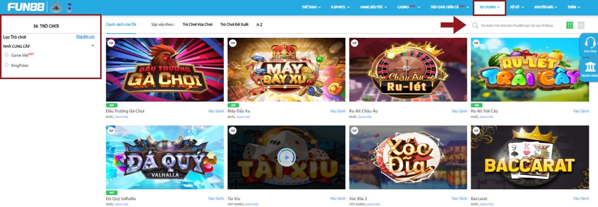 chọn sảnh chơi và tựa game casino muốn chơi