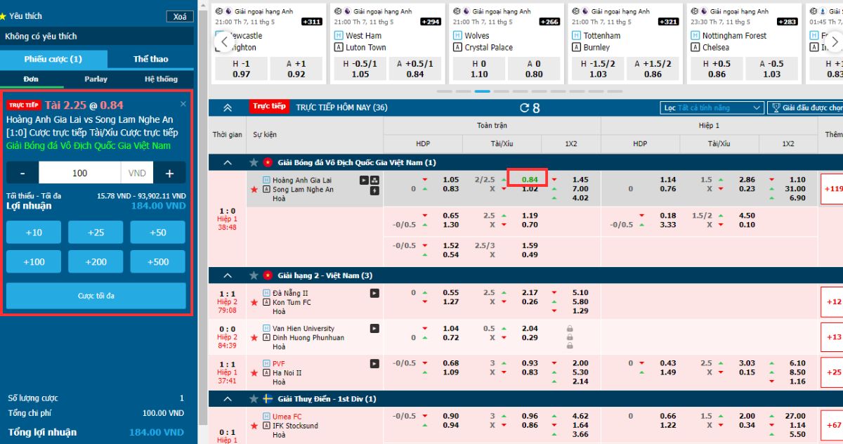 nhập số tiền muốn cược vào phiếu cược