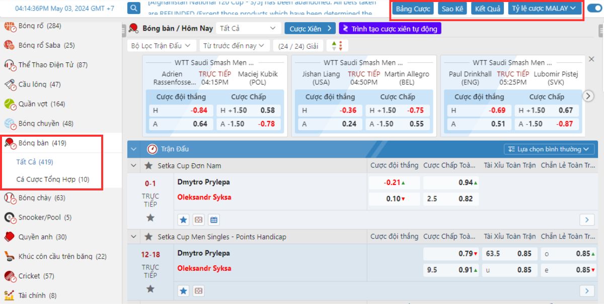 chọn trận đấu bóng bàn muốn cược