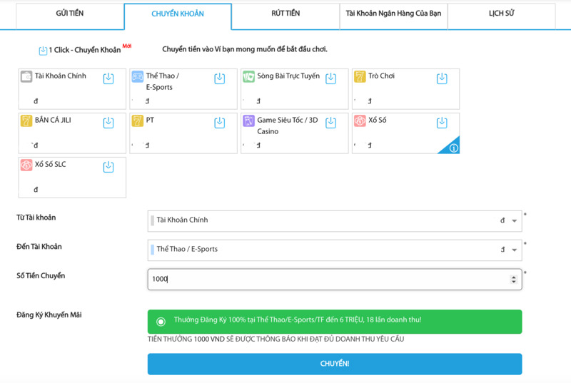 chuyển quỹ fun88 từ tài khoản chính đến tài khoản game
