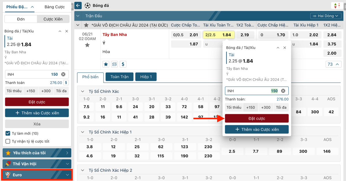 tiến hành đặt cược kèo euro tại fun88