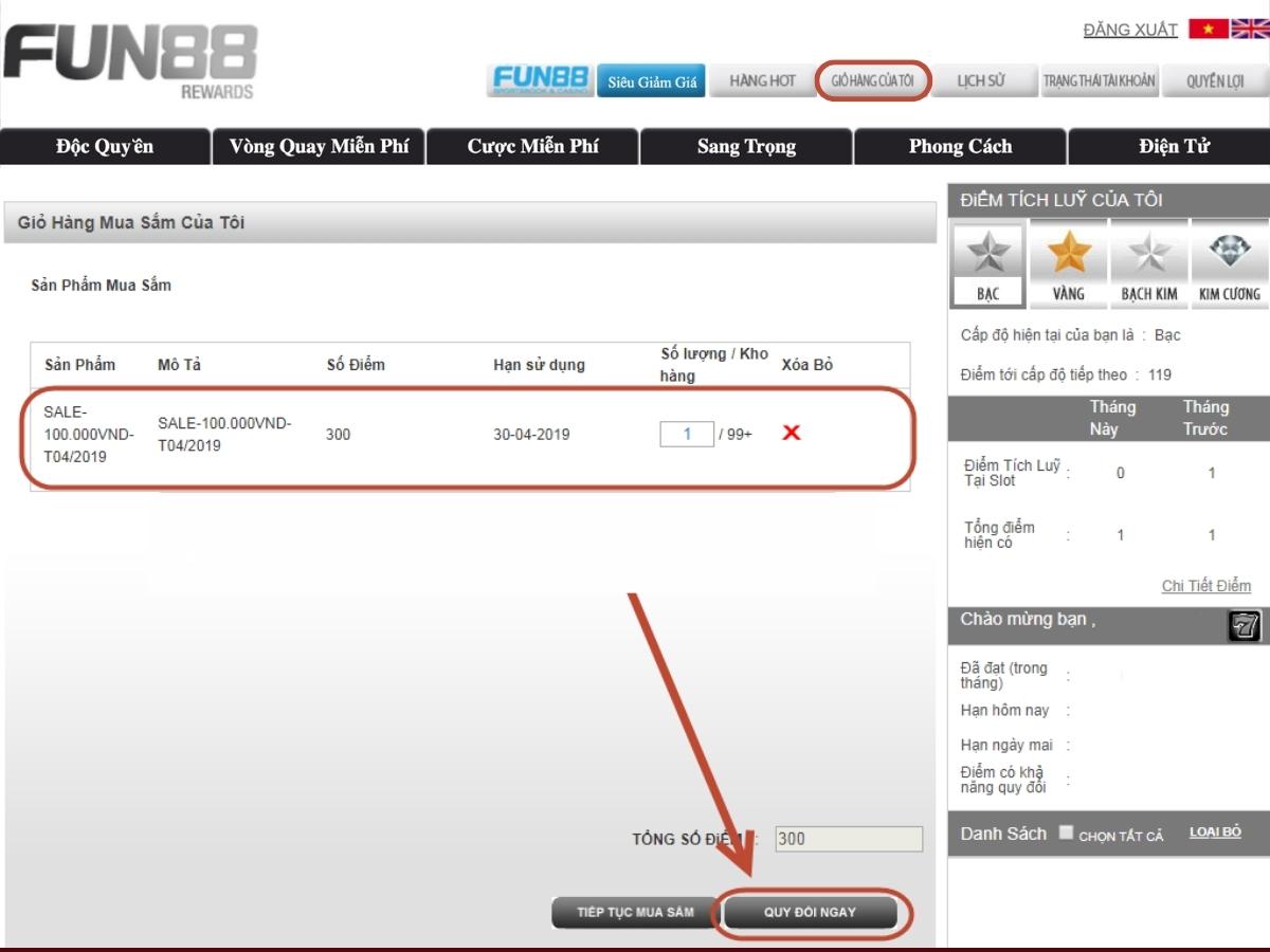 hoàn tất đổi thưởng fun88