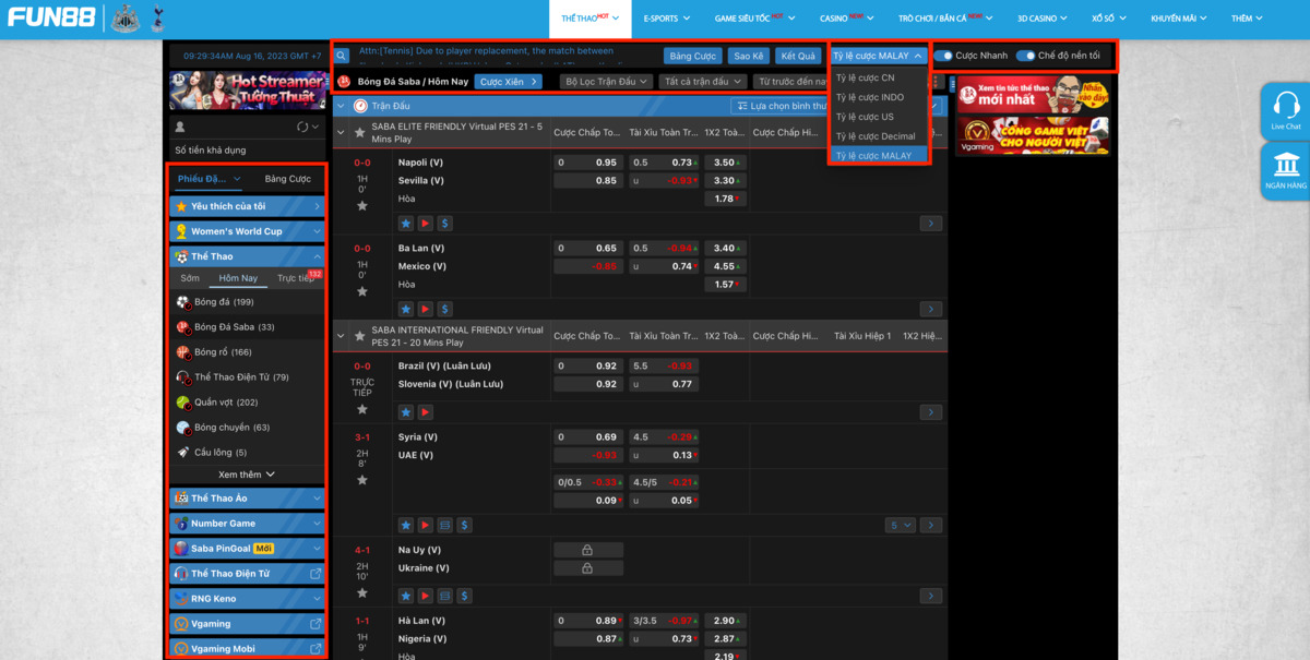 hướng dẫn chơi cá cược tại sảnh thể thao saba fun88 3 lựa chọn sự kiện thể thao saba