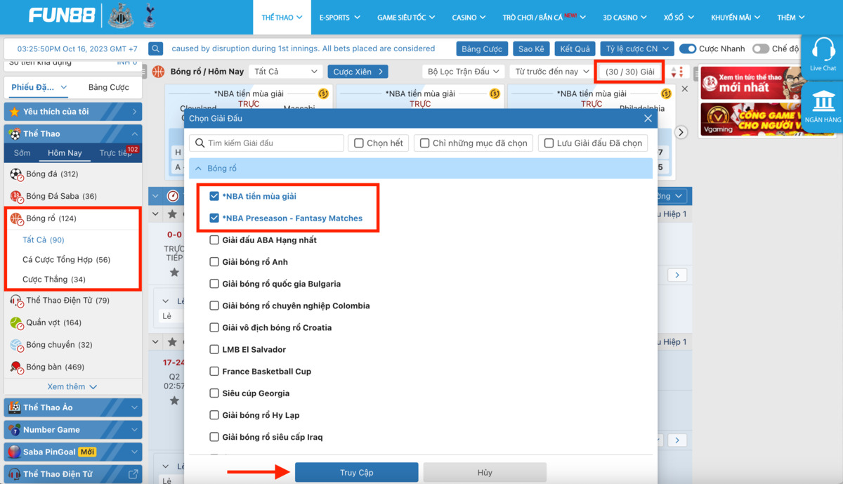 cách chơi cá cược nba tại fun88: hướng dẫn chi tiết 2 chọn giải đấu nba fun88