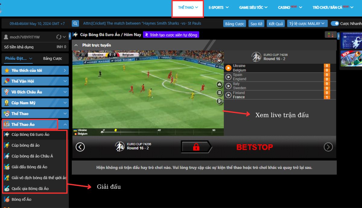 chọn sảnh chơi và bộ môn thể thao ảo fun88 muốn chơi