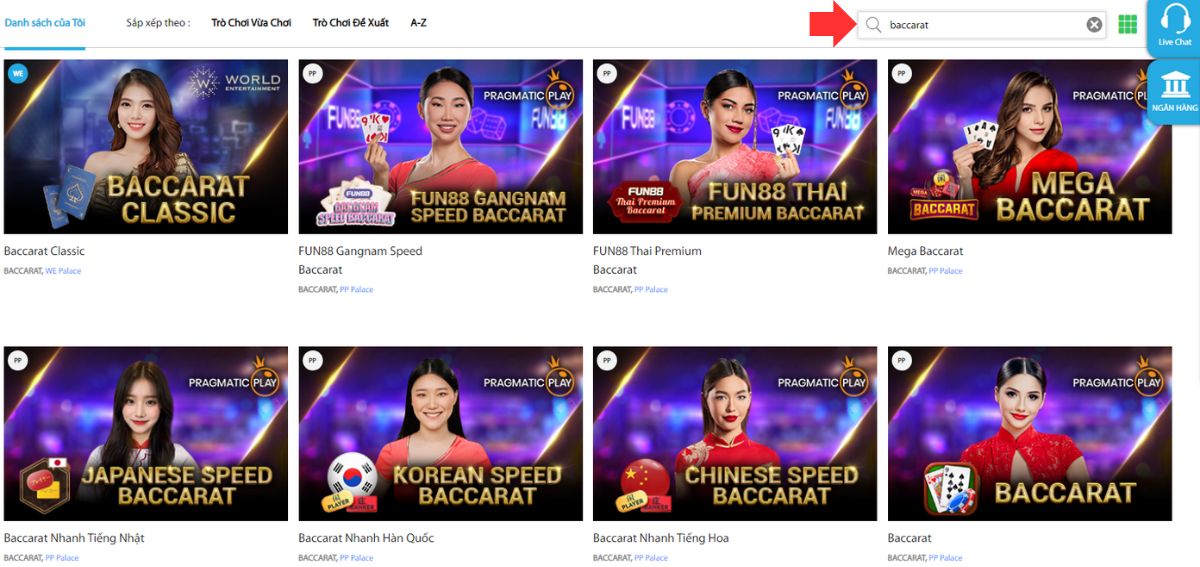 tìm kiếm bàn chơi baccarat fun88